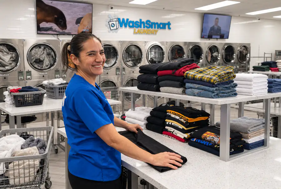 A laundry attendant folding clean clothes and towels beside stacks of folded laundry at the facility