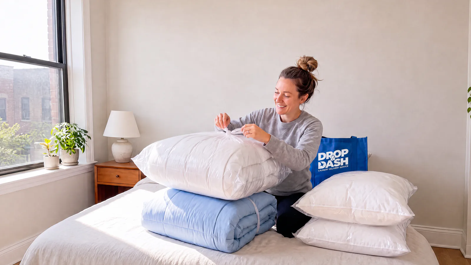 Customer unpacking two freshly cleaned comforters and two pillows in clear bags on her bed, with a Drop & Dash bag behind them