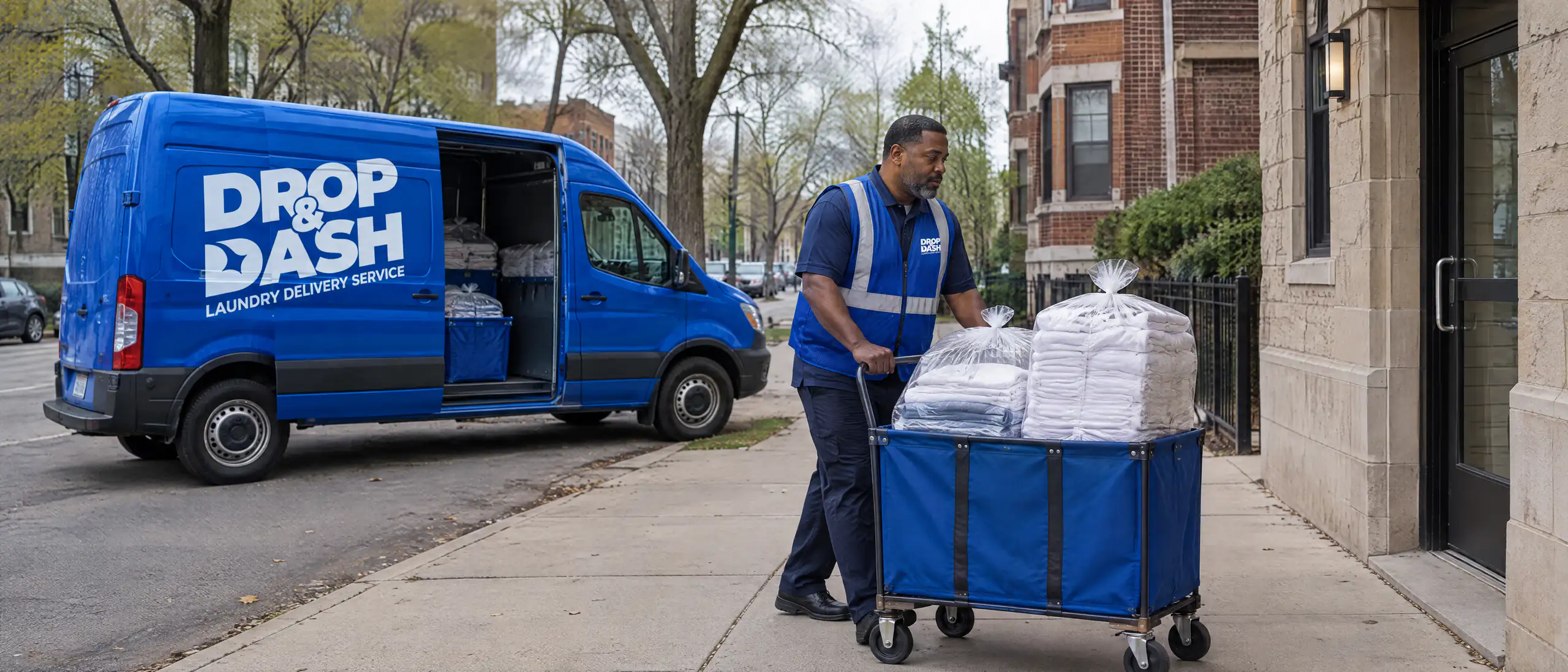 Drop & Dash driver wheeling a cart of wrapped clean linens into a Chicago business