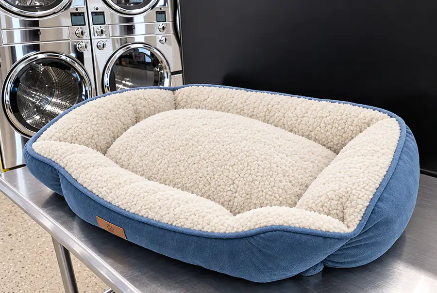 A washable dog bed with a blue base and sherpa cushion on a folding table beside commercial washers