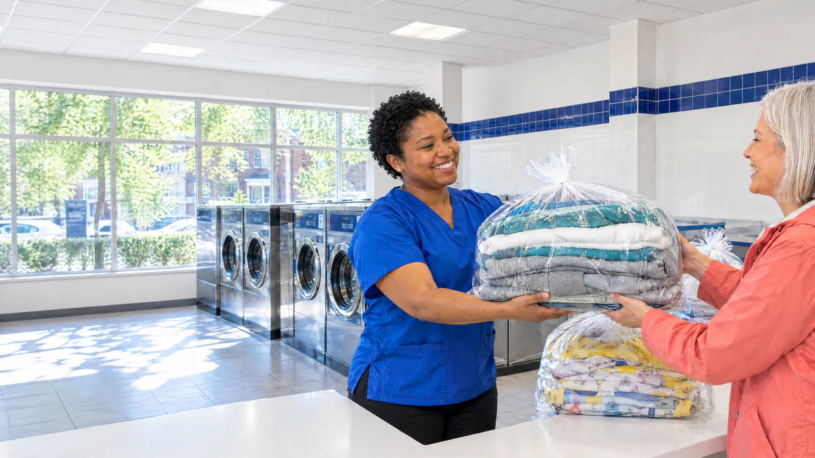 Drop & Dash attendant handing a customer clear bags of neatly folded laundry over the store counter