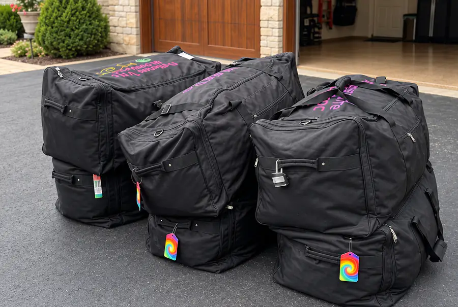 Three packed black duffel bags waiting on a driveway for pickup