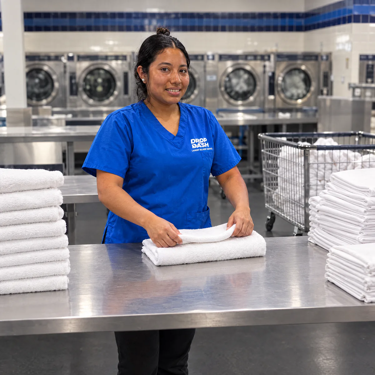 Laundry attendant folding white commercial towels at a stainless steel table
