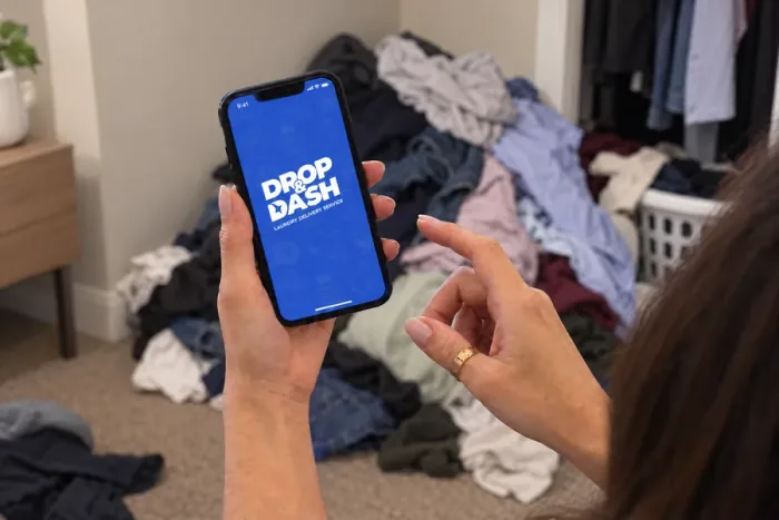 Drop & Dash app on a phone beside laundry ready for pickup