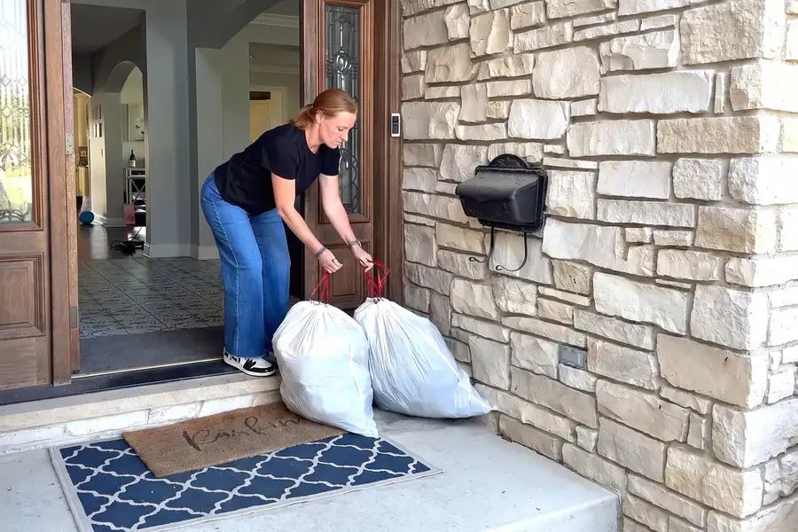 Customer setting two bags of laundry outside her front door for pickup