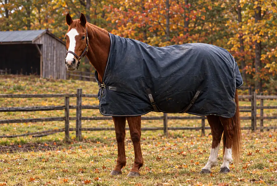 A horse wearing a navy turnout blanket standing in a paddock