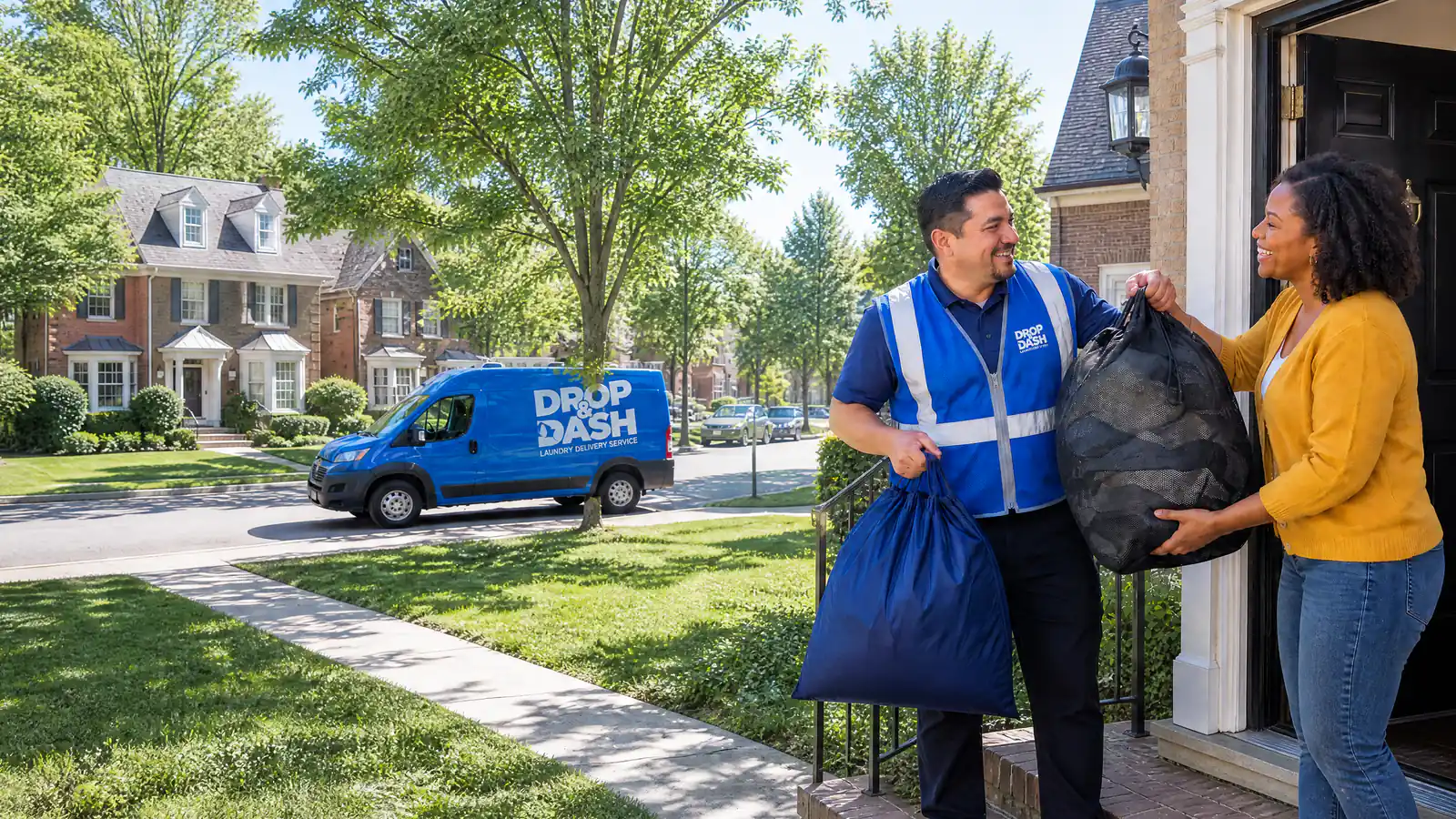 Customer handing two big bags of laundry to a smiling Drop & Dash driver at her front door