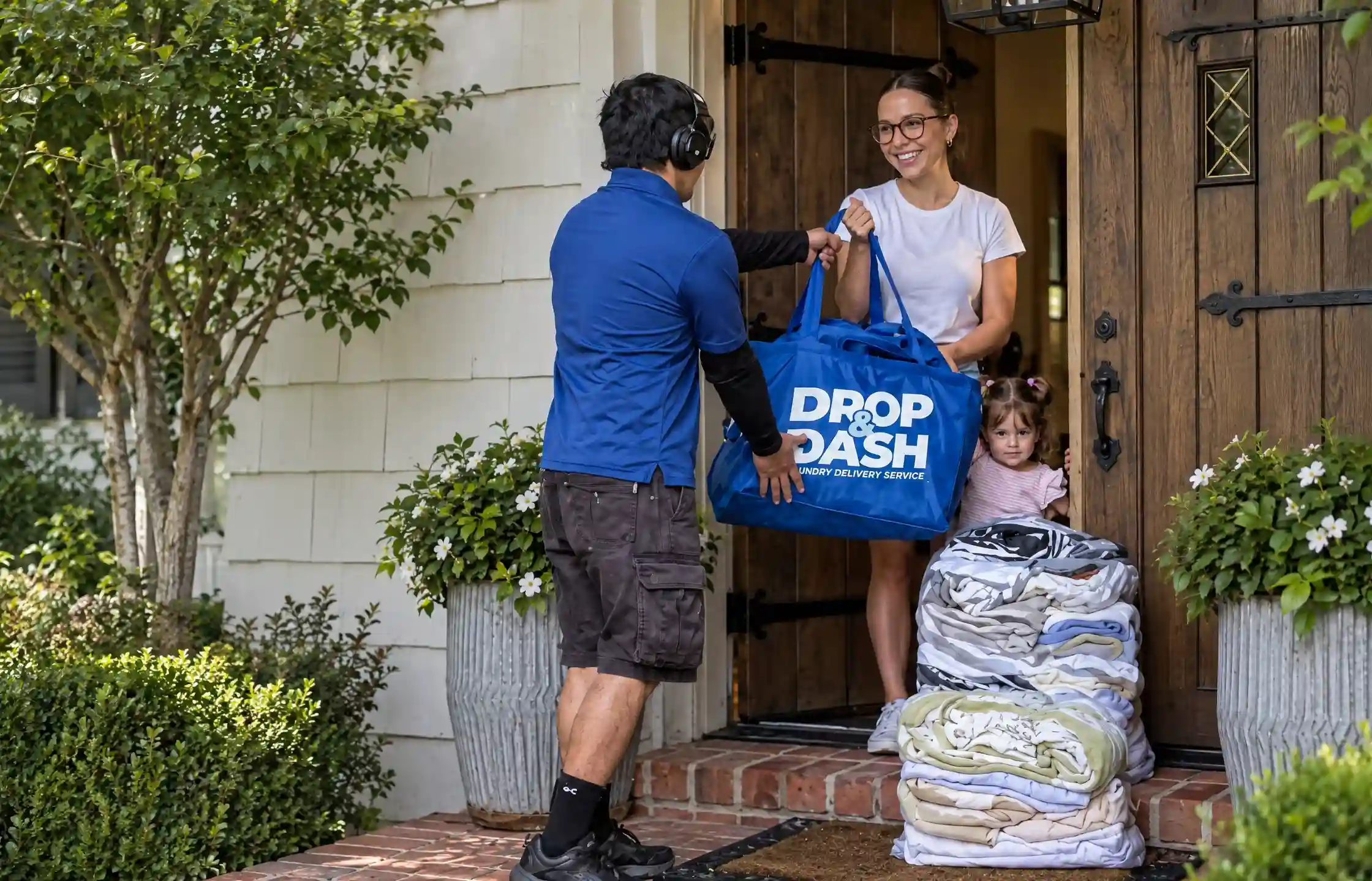 A Drop & Dash driver handing a customer her laundry bag at her front door, with folded laundry stacked on the step