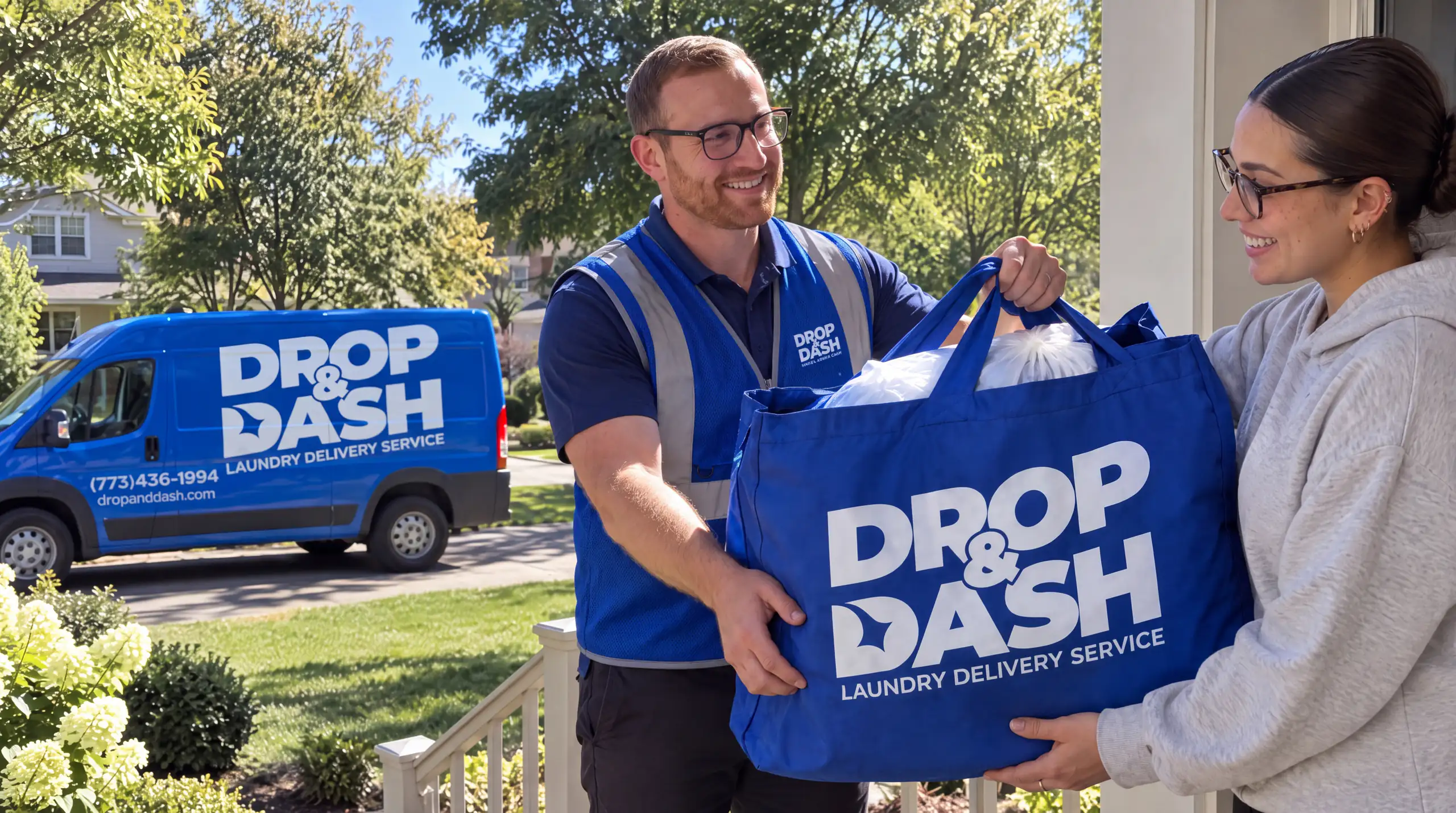 A Drop & Dash driver handing a customer their Drop & Dash laundry bag, with the delivery van behind them