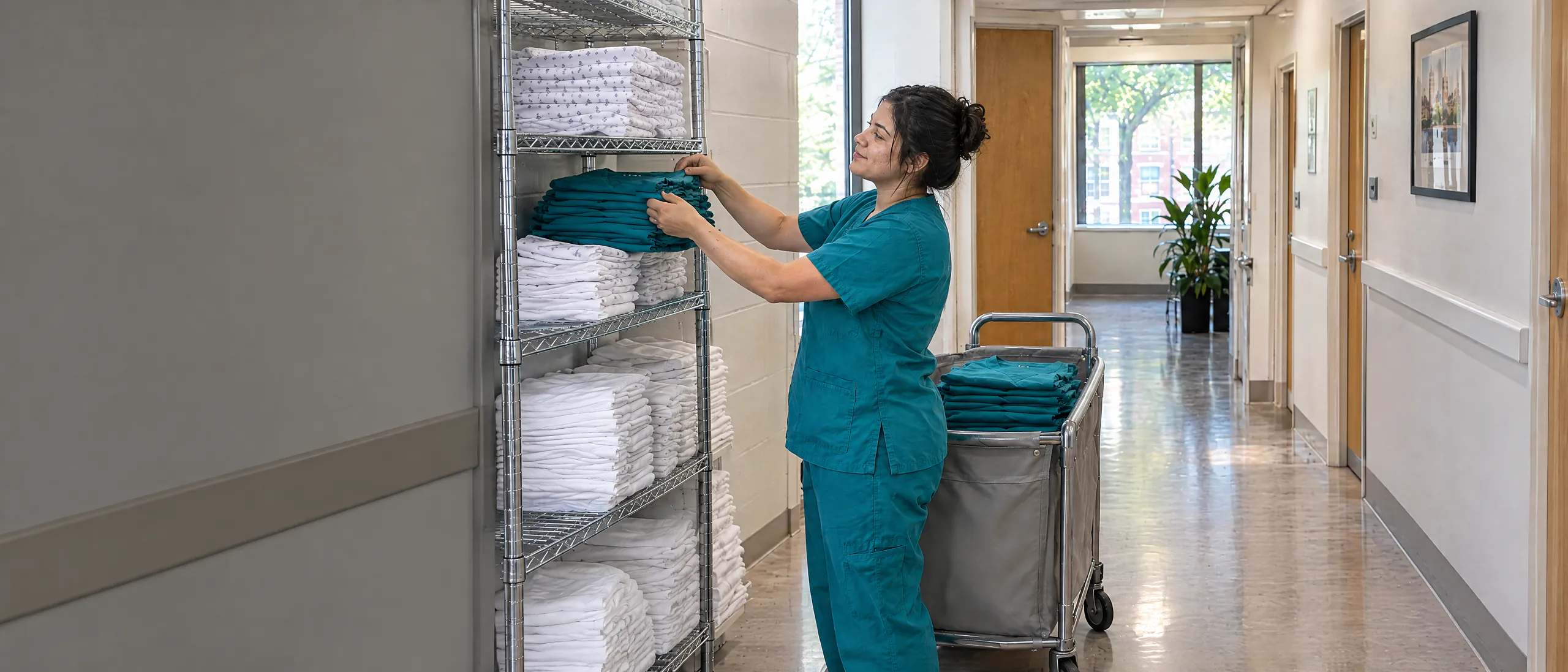Medical assistant stocking shelves with clean folded scrubs and linens in a clinic