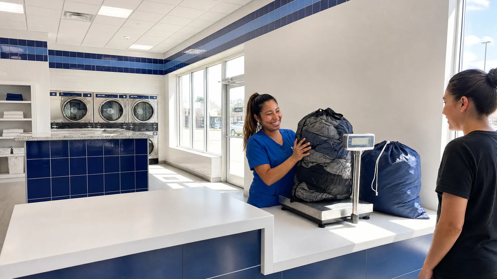 Drop & Dash attendant weighing a customer's overstuffed laundry bags on the counter scale