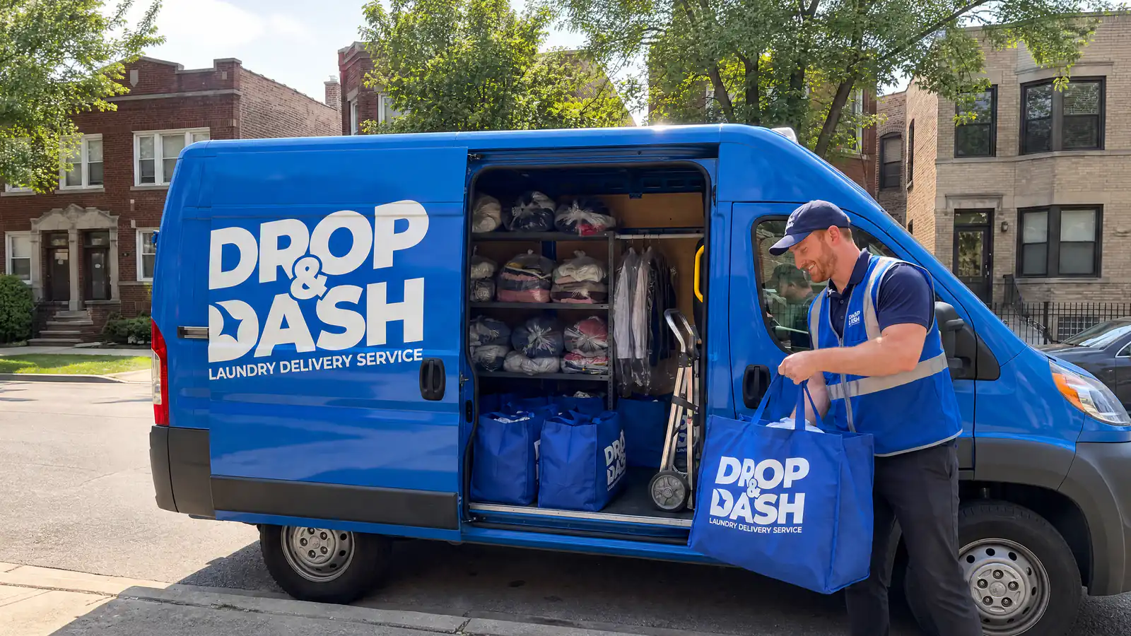 Drop & Dash driver lifting a blue laundry bag of finished orders from the side of the delivery van on a Chicago street