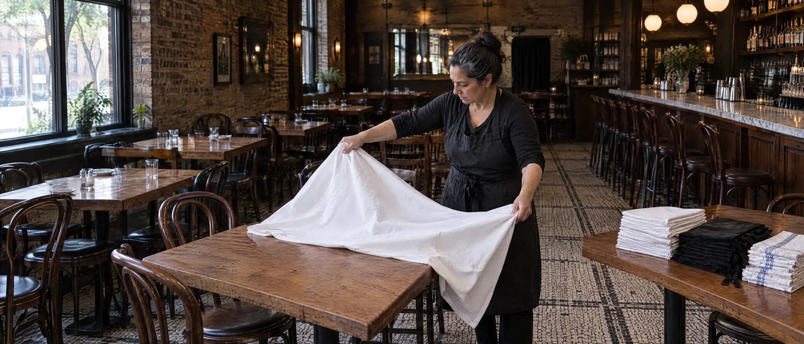Restaurant server laying a pressed white tablecloth in a Chicago dining room