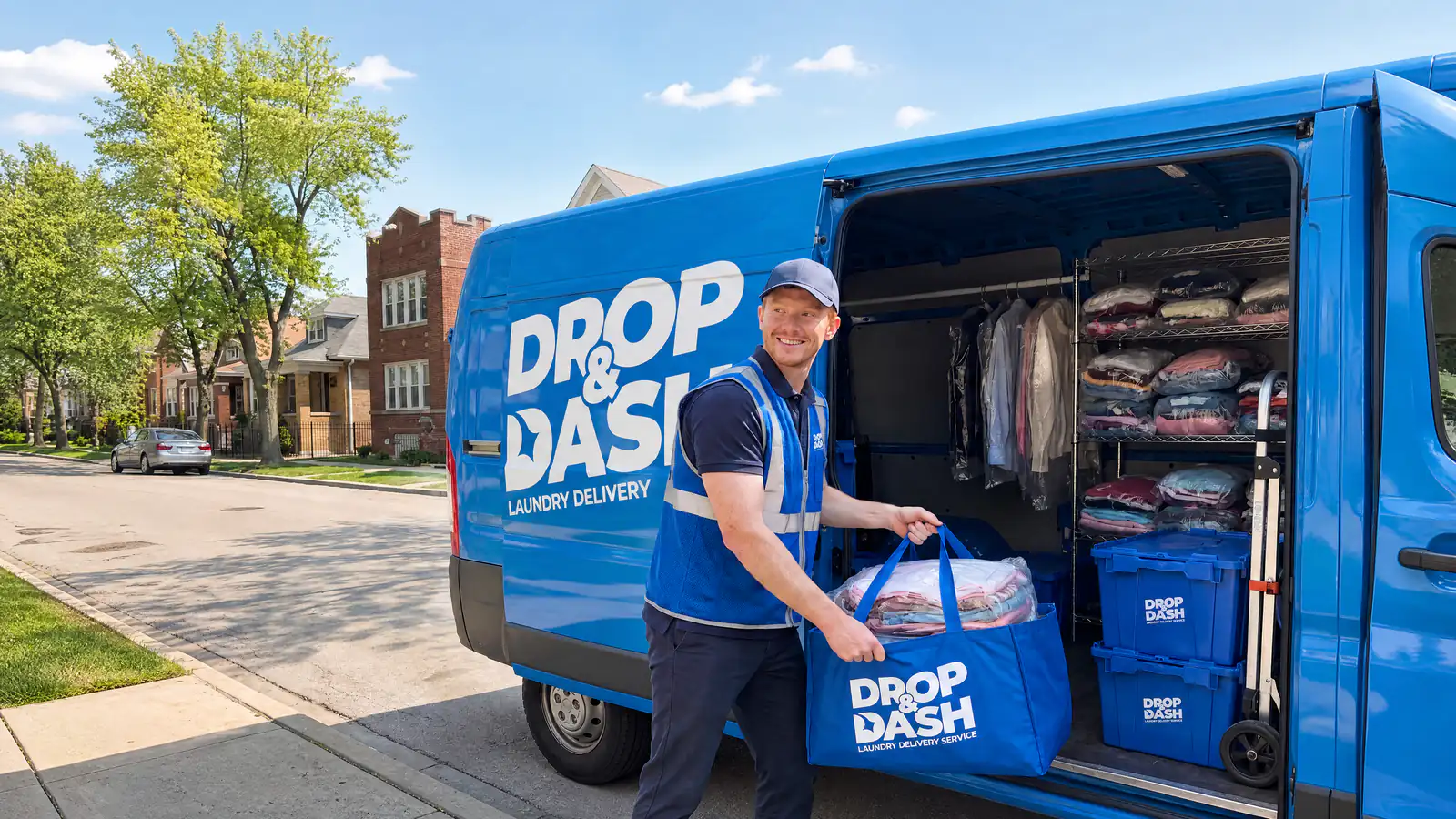 Drop & Dash driver taking a blue laundry bag from a van packed with finished laundry orders