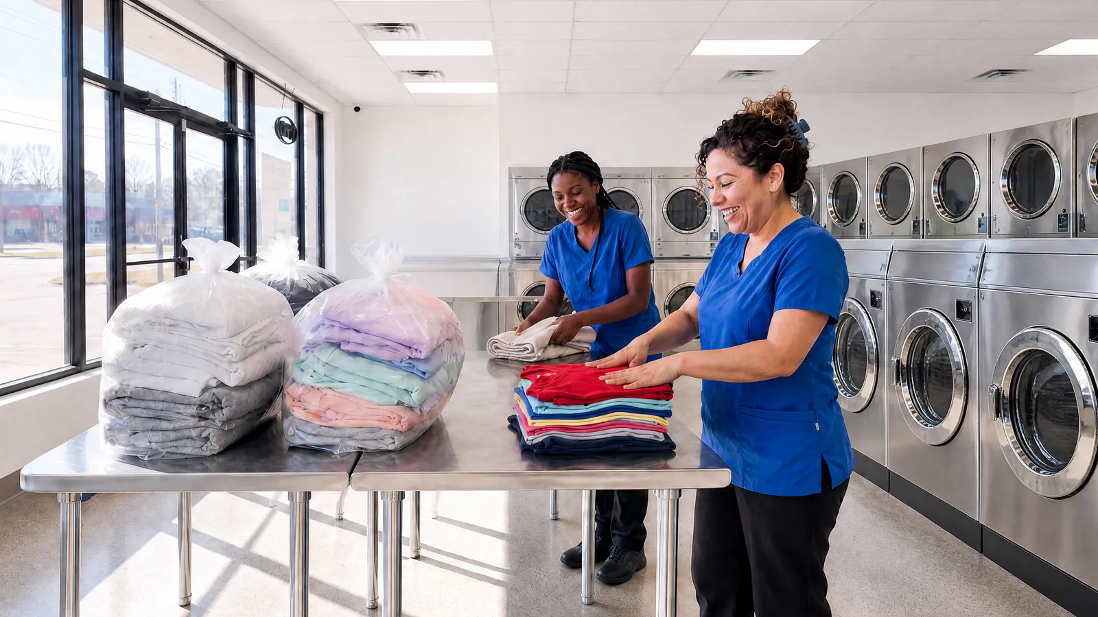 Two Drop & Dash attendants laughing as they fold a colourful stack of clothes at the folding table