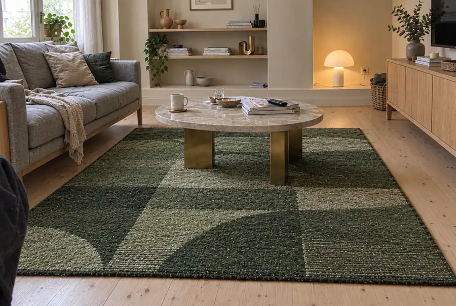 A machine-washable green area rug covering the floor of a living room