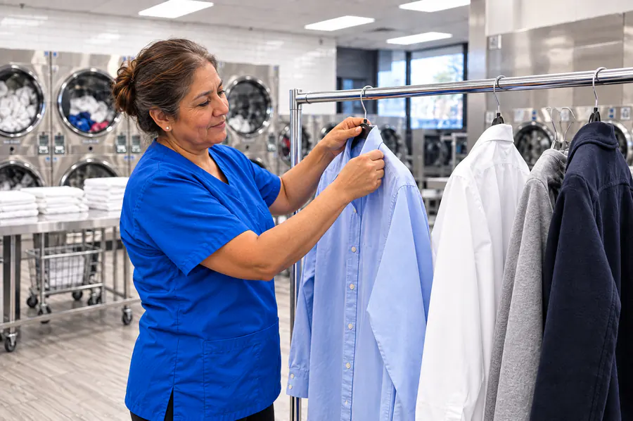 A laundry attendant hanging a freshly washed shirt on a hang-dry rack